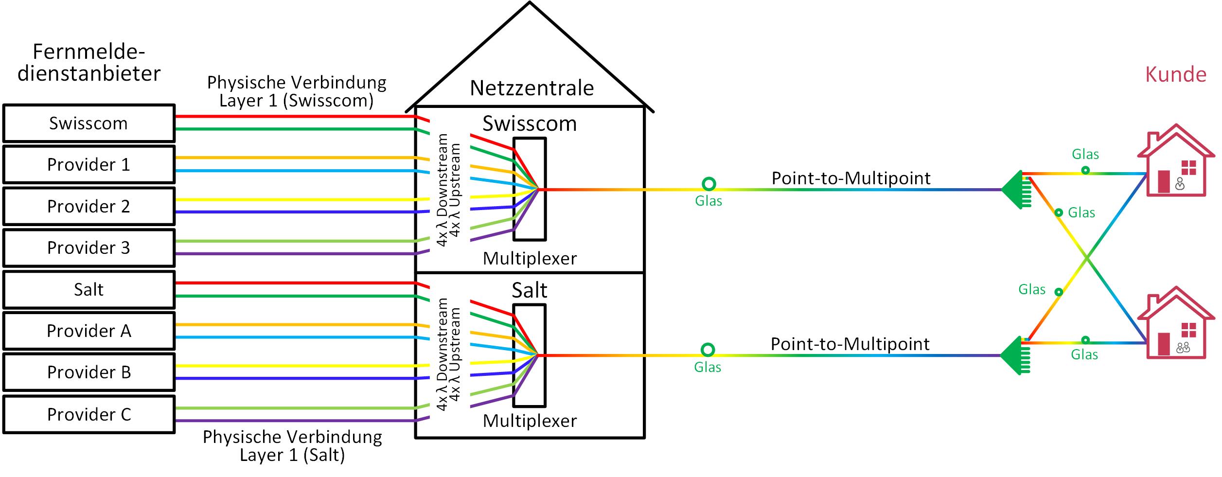 Layer-3-Zugang über Point-to-MultipointFTTH-Netze von Swisscom oder Salt mittels Wellenlängenmultiplexing (C-ALO)